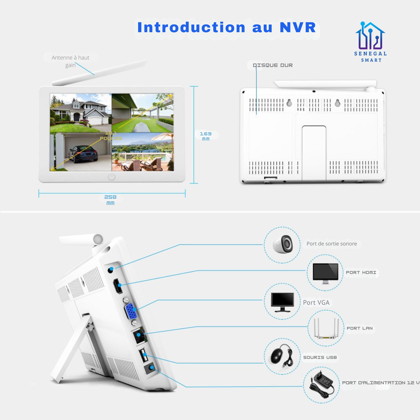 Kit 4 caméra NVR sans fil 5Mp Disque 1To Écran 10 pouces.